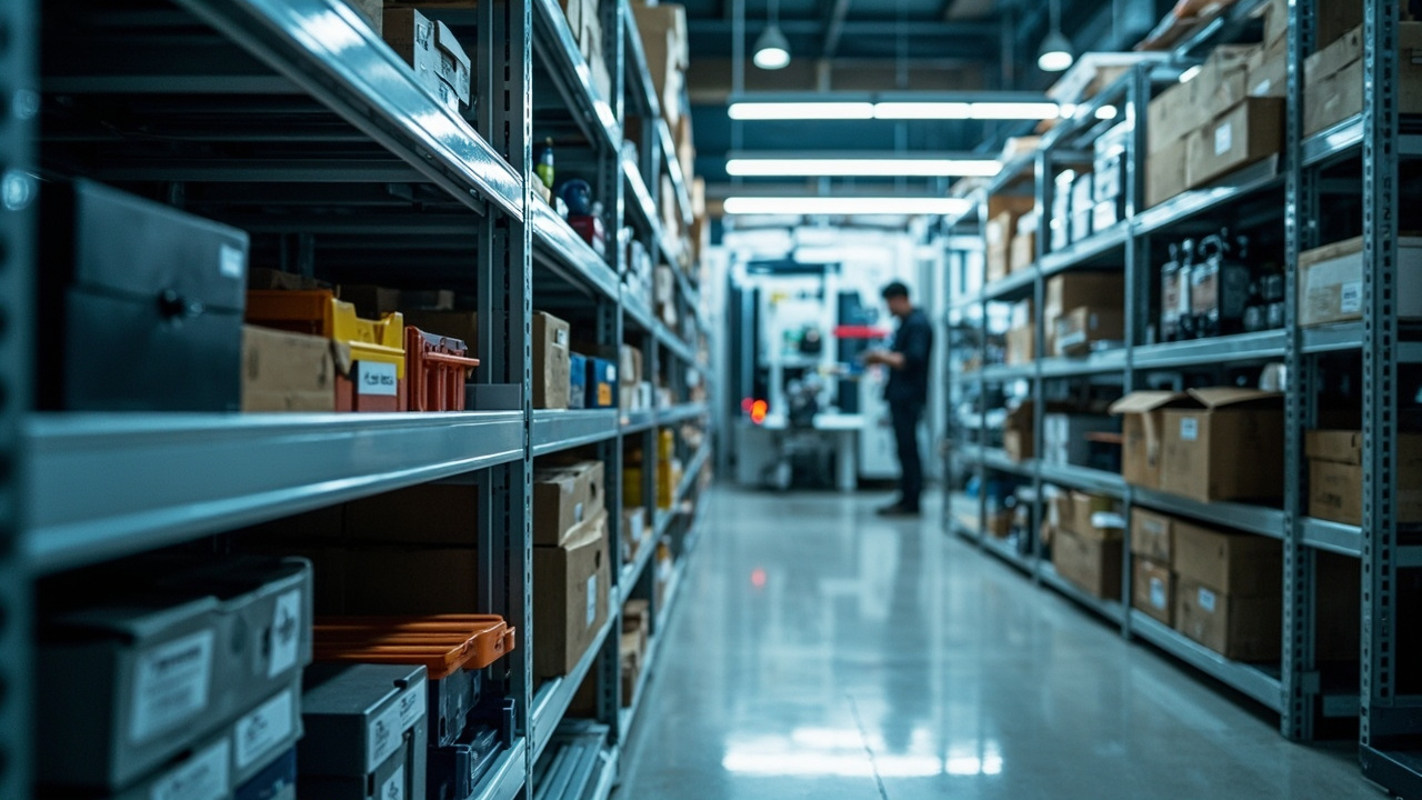 Industrial MRO supplies neatly organized on shelves in a modern manufacturing facility, with an automated machine in the background.