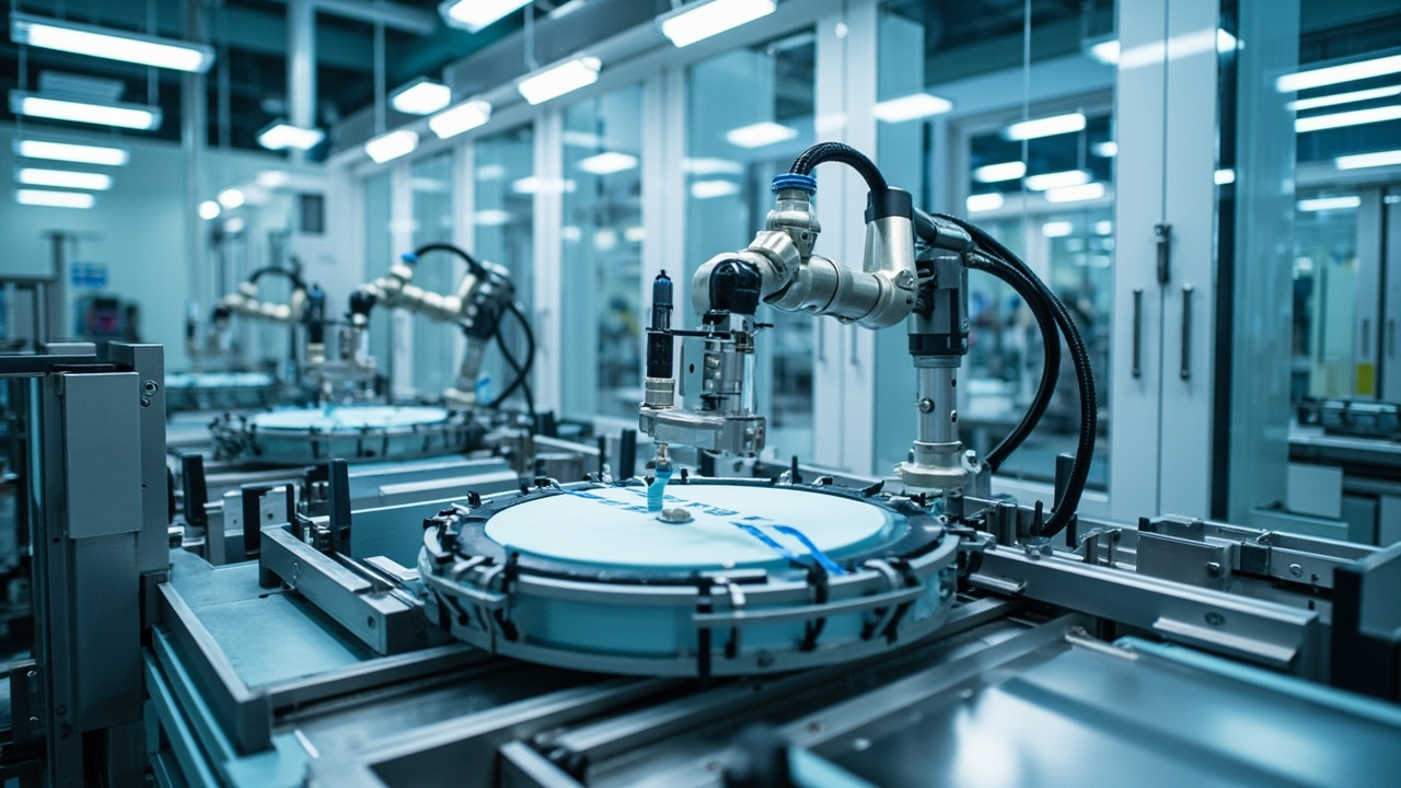 Automated robotic arm precisely assembling a medical device component in a cleanroom environment, symbolizing advanced automation in Mexico's medical manufacturing sector.