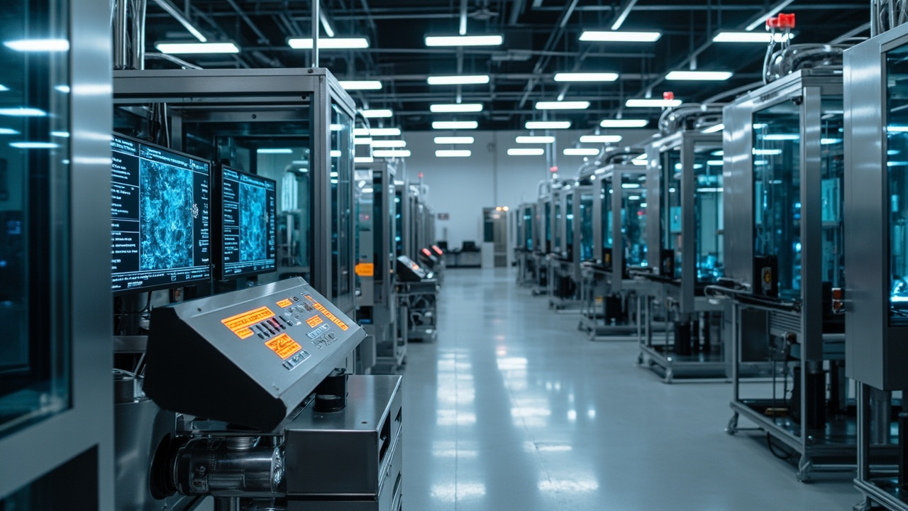 Advanced industrial automation equipment operating in a manufacturing plant within the Tijuana corridor, showcasing precision machinery and control systems.