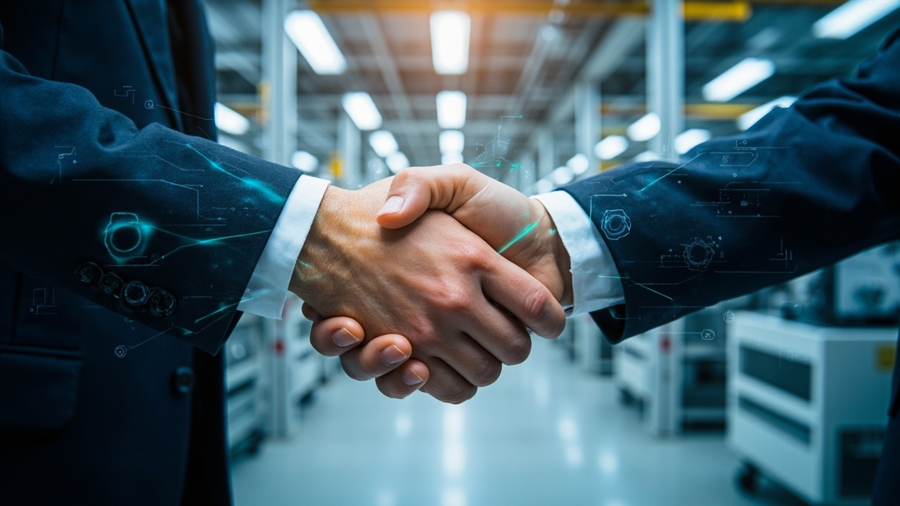 Two professionals shaking hands in an industrial setting, symbolizing a business partnership in industrial automation distribution.