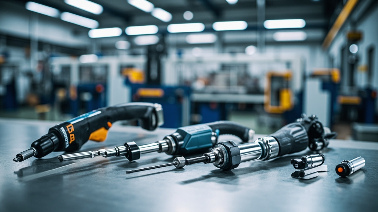 Assortment of fastening and torque control equipment on a workbench, including electric nutrunners, pneumatic screwdrivers, and torque wrenches, ready for use in a Mexican assembly plant.