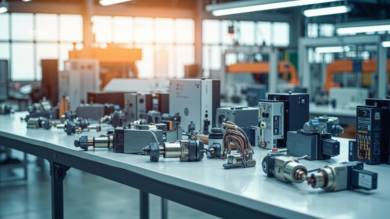 Diversos componentes de automatización industrial de diferentes fabricantes, organizados en un entorno de manufactura moderno.