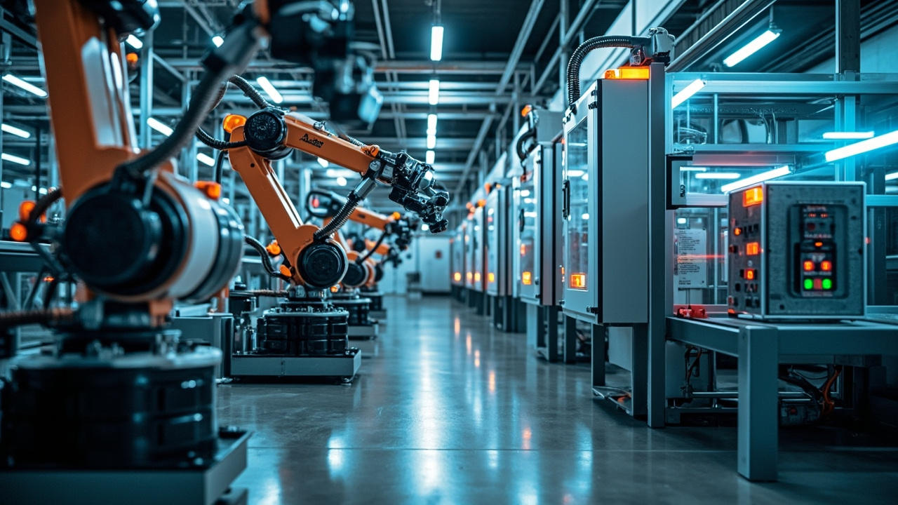 Variedad de equipos de automatización industrial en una planta de manufactura moderna en Monterrey, México, incluyendo PLCs, sensores y brazos robóticos.