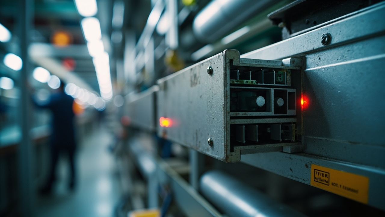 Componente industrial obsoleto en primer plano con una línea de ensamblaje automotriz moderna y borrosa al fondo, simbolizando la solución de problemas de obsolescencia en la manufactura mexicana.