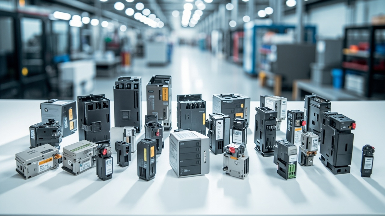 Variedad de refacciones de automatización industrial de marcas líderes como Siemens y Eaton, dispuestas en un banco de trabajo en una fábrica moderna.