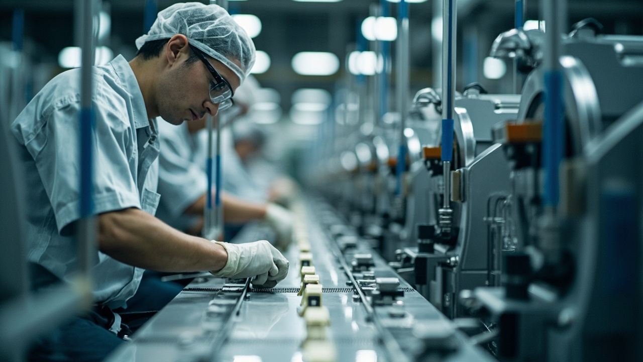 Factory production line with workers assembling products