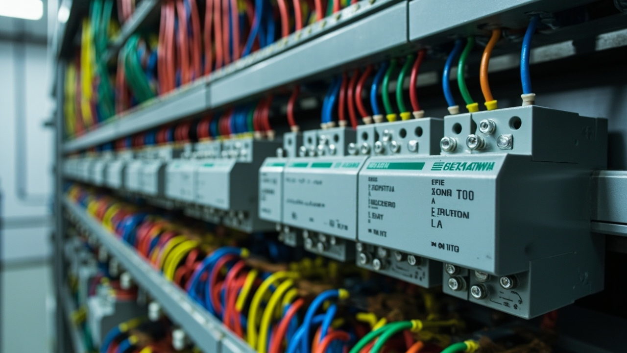 Close-up view of an industrial control panel interior, showcasing neatly arranged relays, terminal blocks, and various connectivity wires from leading manufacturers, emphasizing organization and quality.