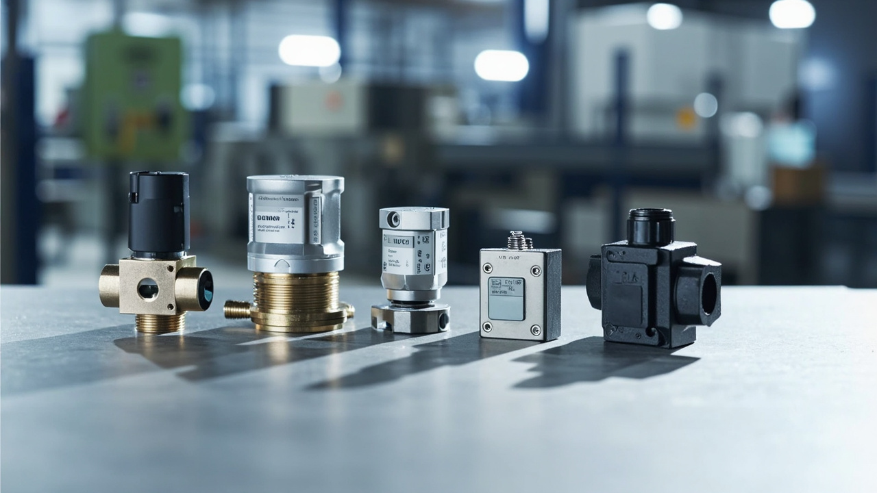 Variedad de sensores industriales de marcas como Siemens, Eaton y Noshok en un entorno de laboratorio o fábrica, destacando la tecnología de automatización.