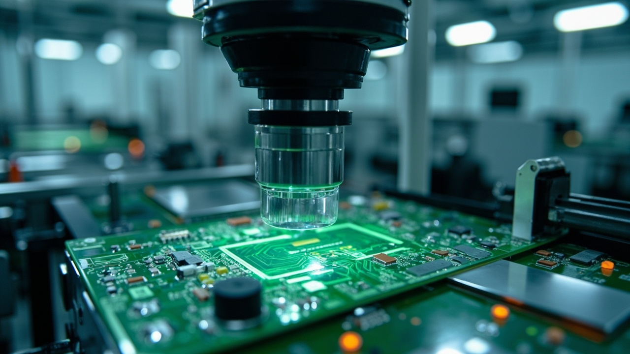 Machine vision camera inspecting a circuit board on an electronics manufacturing line in Mexico