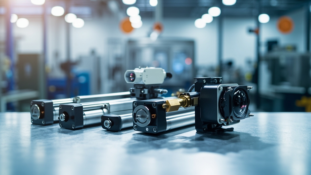 A collection of industrial automation components including pneumatic cylinders, various types of sensors, and a machine vision camera with a lens, arranged on a clean workbench in a modern manufacturing environment.