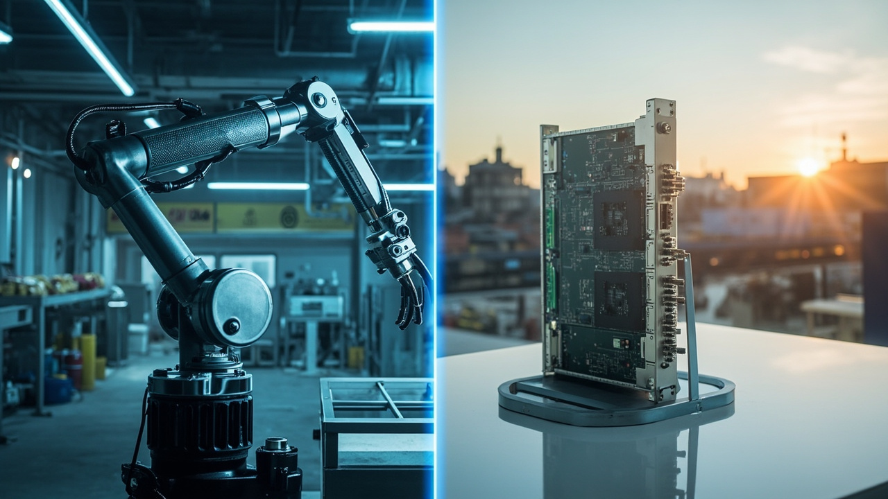 Comparación visual de un brazo robótico industrial nuevo y un componente de automatización reacondicionado, ambos en entornos de fábrica, ilustrando la elección entre equipo nuevo y reacondicionado para la automatización industrial.