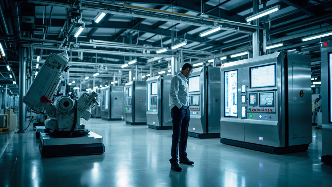 Técnico revisando un panel de control en una planta de fabricación moderna con equipos de automatización industrial en México.