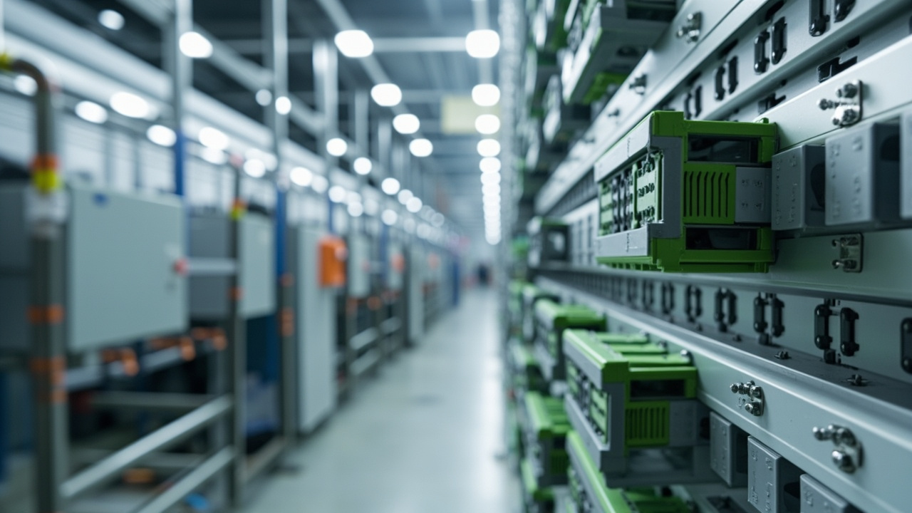 Phoenix Contact terminal blocks and industrial connectors neatly arranged on a DIN rail within a modern industrial control panel, illustrating organized and reliable electrical connections in a manufacturing setting.