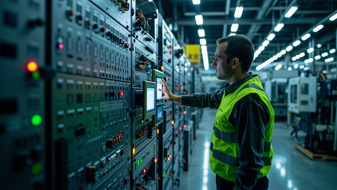 Técnico inspeccionando un panel de control con componentes Mitsubishi Electric en una fábrica moderna en México.