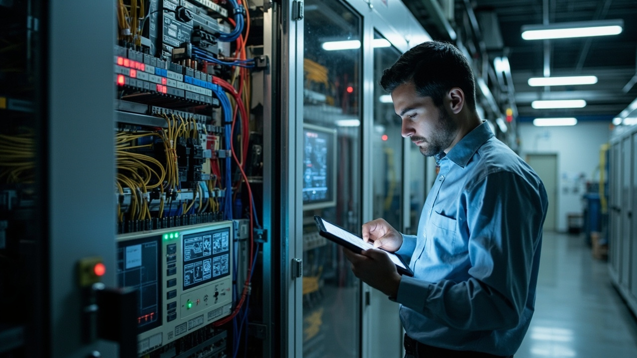 Experto técnico revisando un panel de control industrial con hardware de automatización, simbolizando la asesoría en selección de componentes.