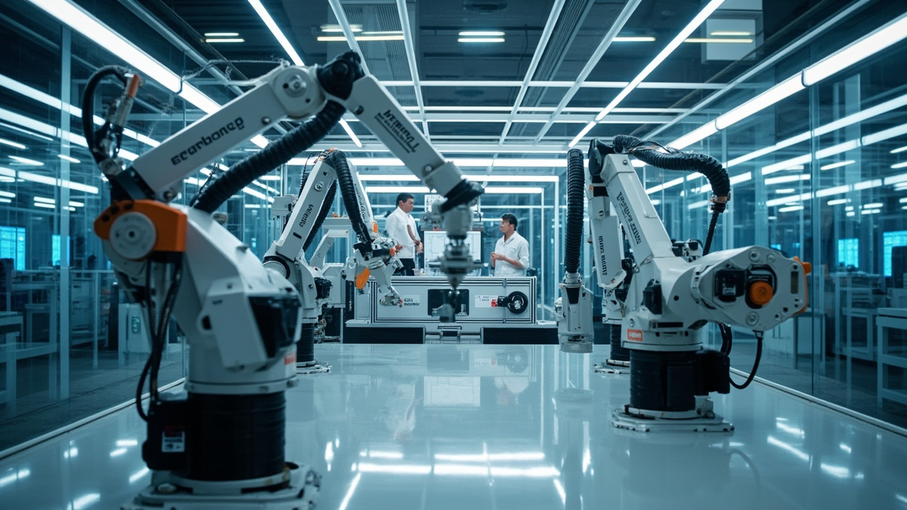 Ingenieros supervisando una línea de producción automatizada en una planta industrial moderna en la Ciudad de México, con brazos robóticos en acción.