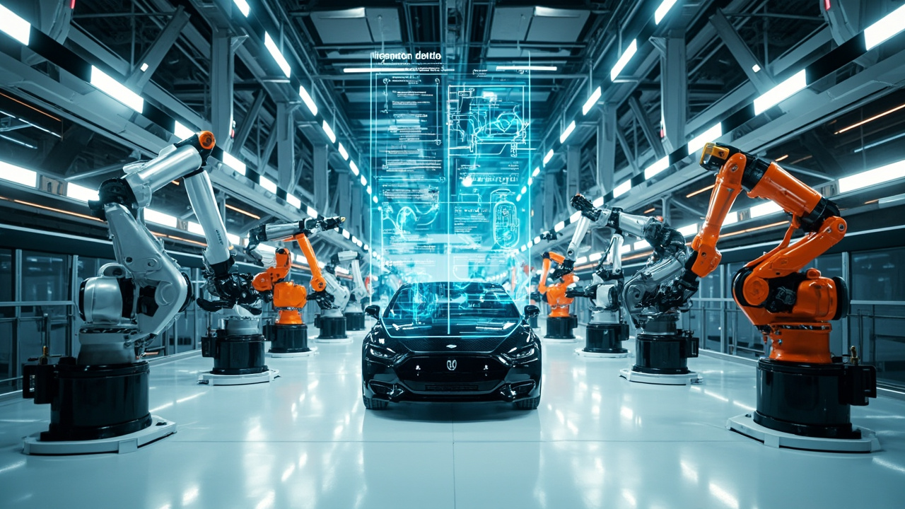 Línea de ensamblaje automotriz con robots de diferentes fabricantes trabajando en armonía, controlados por un sistema centralizado de Valley International Supply.