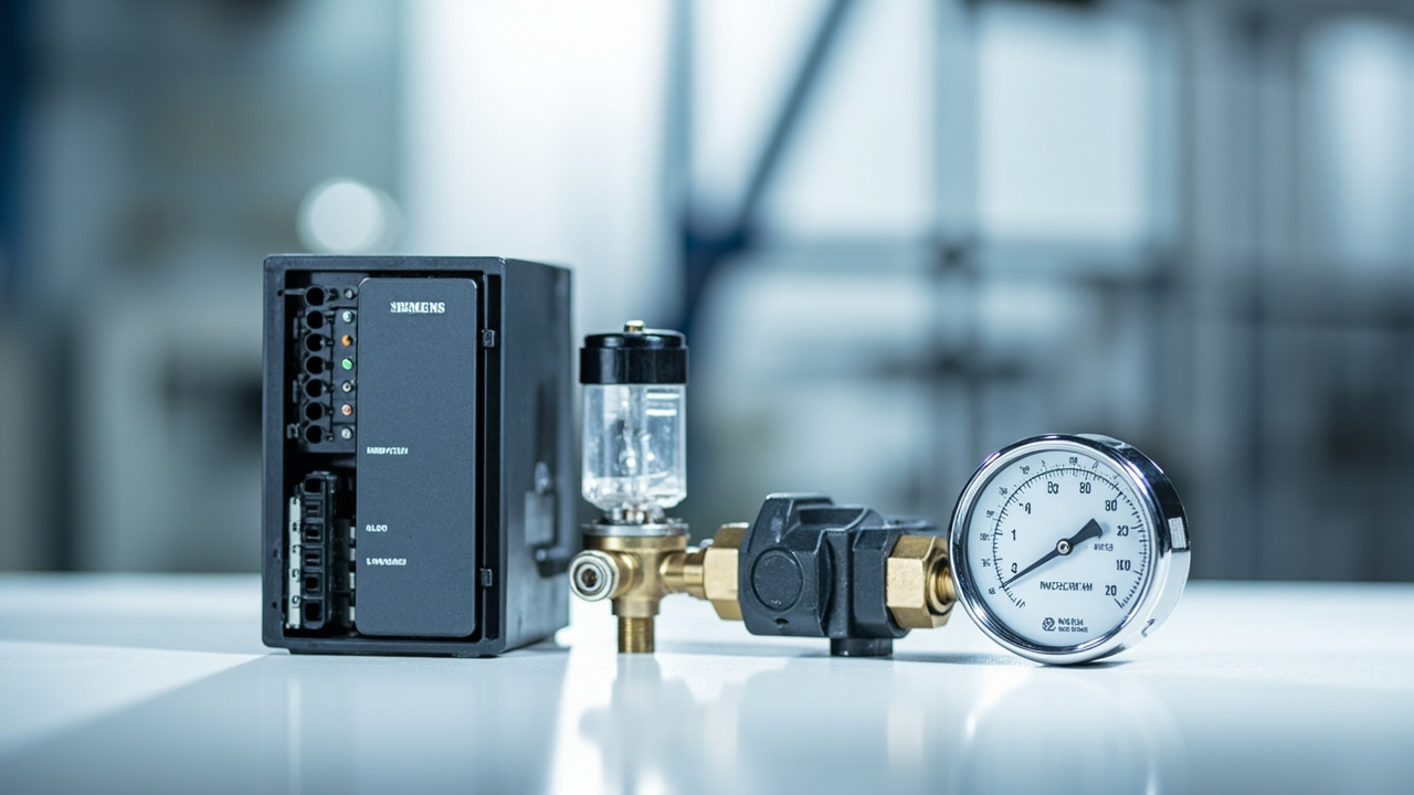 Assortment of industrial automation components including a SIEMENS PLC, NORGREN valve, and NOSHOK pressure gauge, representing solutions for reducing production downtime.