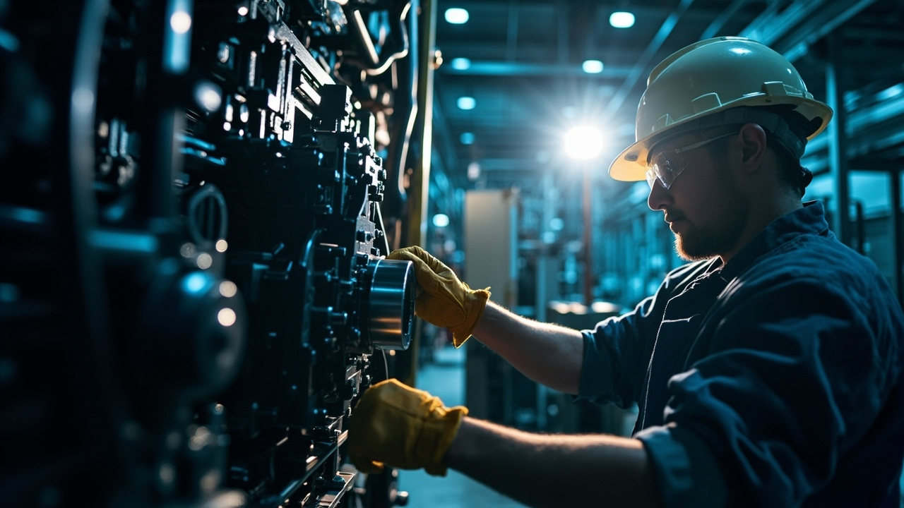 Worker replacing a component in a manufacturing facility