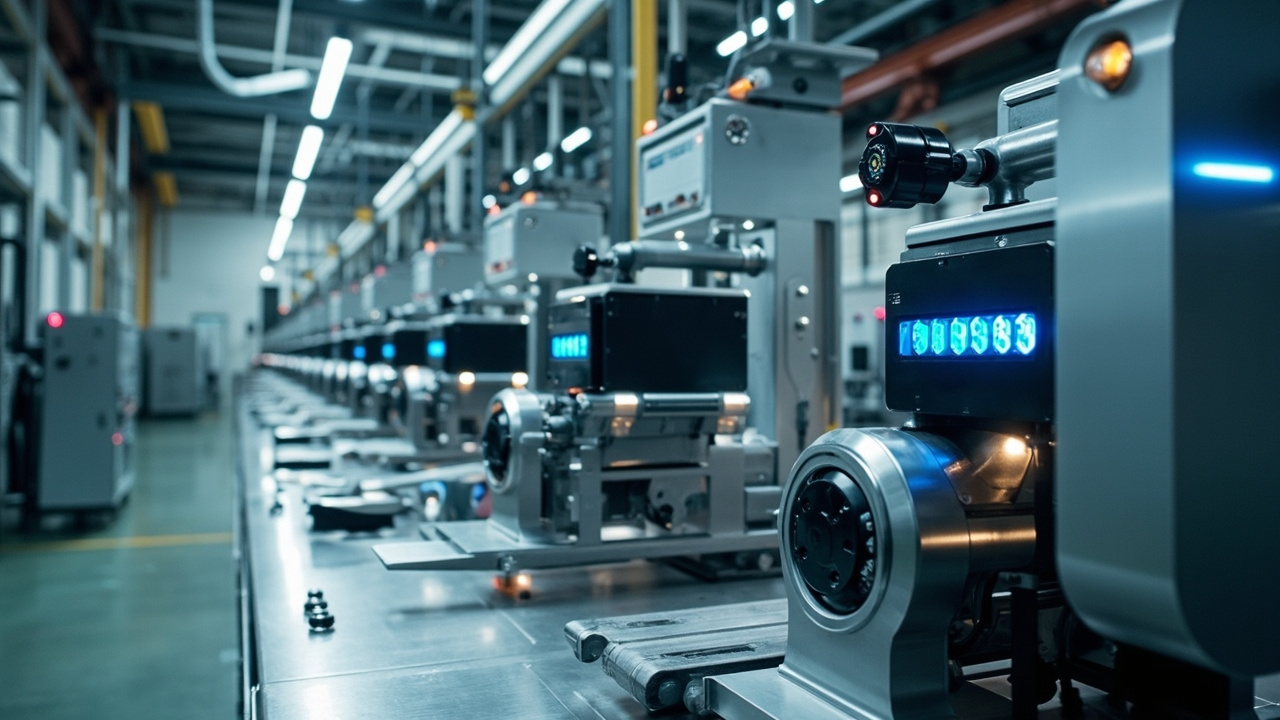 Industrial sensors and machine vision systems monitoring a high-tech production line in a Monterrey factory.