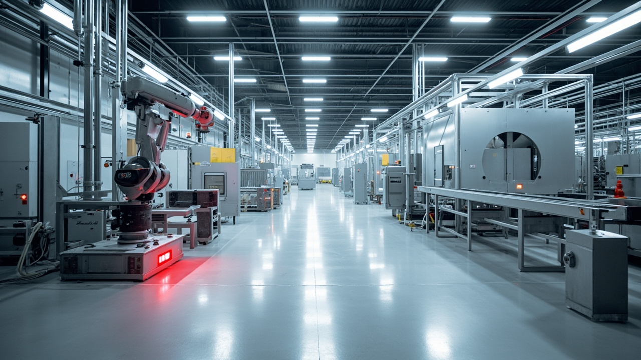 SICK safety laser scanner monitoring a production area in a modern cross-border manufacturing facility in Mexico, illustrating advanced industrial automation.