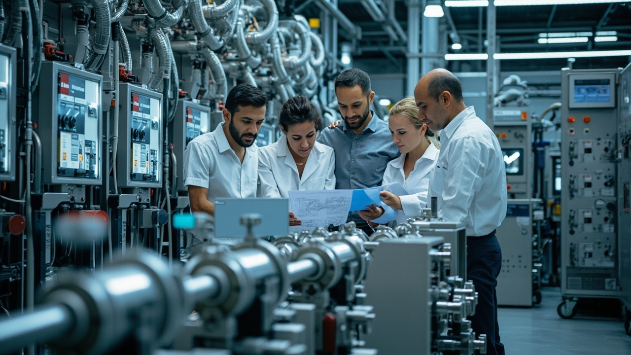 Engineers collaborating on an advanced SMC pneumatic automation system in a modern manufacturing facility in Mexico