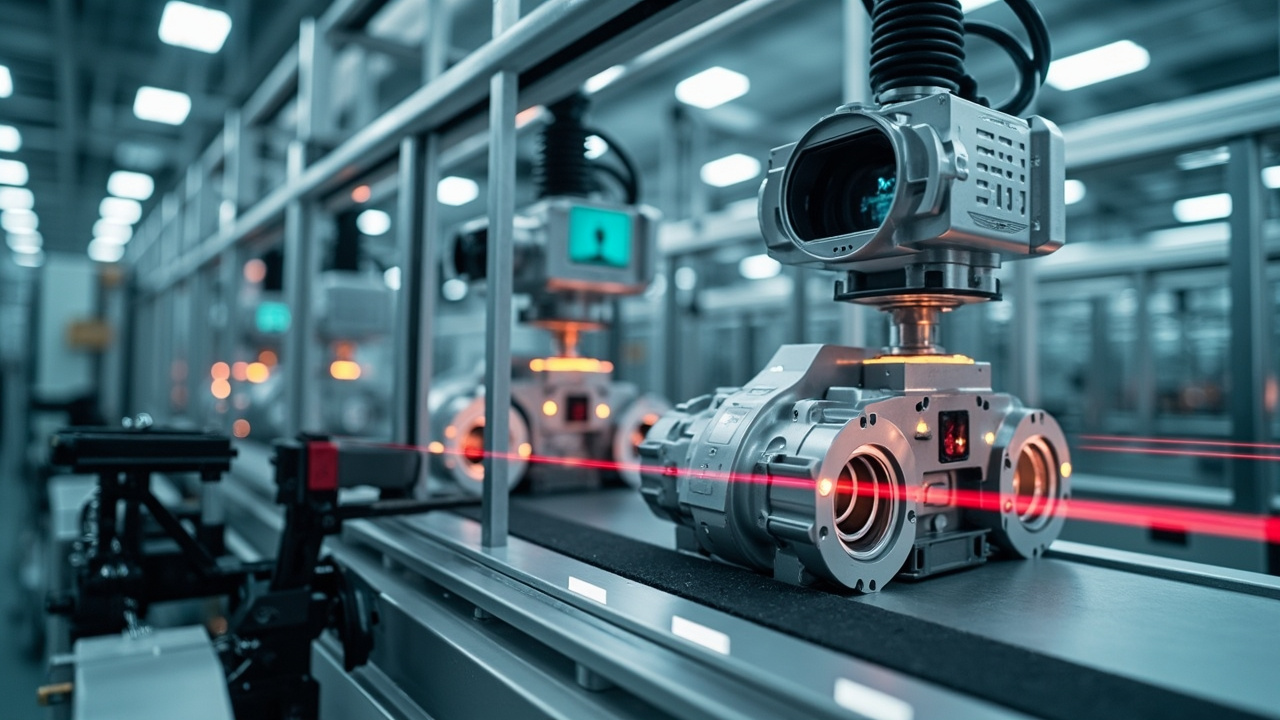 Equipos de automatización industrial como escáneres de códigos de barras, lectores RFID y cámaras de visión artificial rastreando piezas en una cinta transportadora en una fábrica moderna.