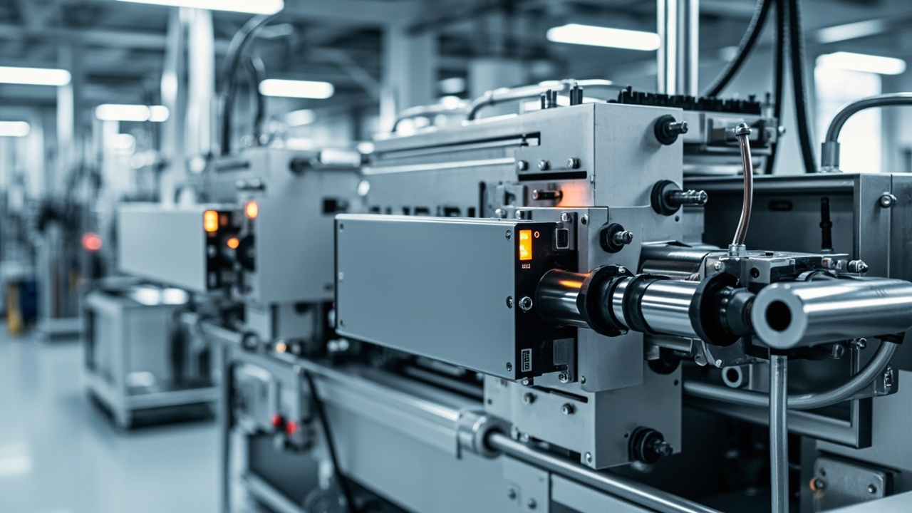 Industrial automation components on a manufacturing floor, including control panels, sensors, and pneumatic actuators.