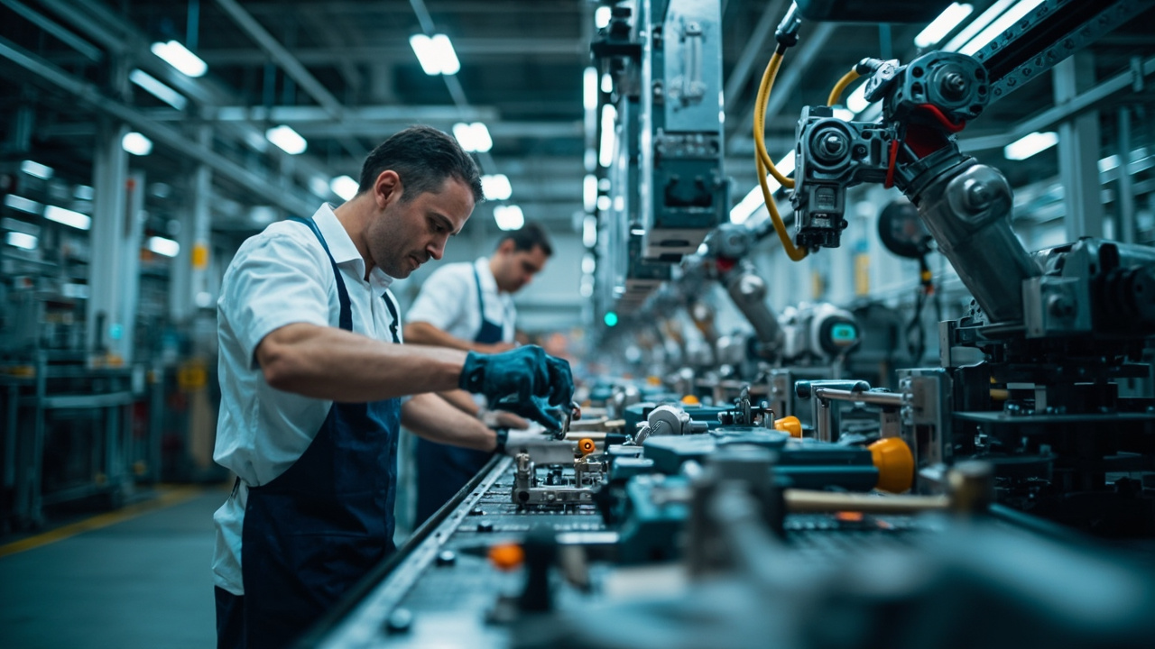 Manufacturing production line with workers and machines