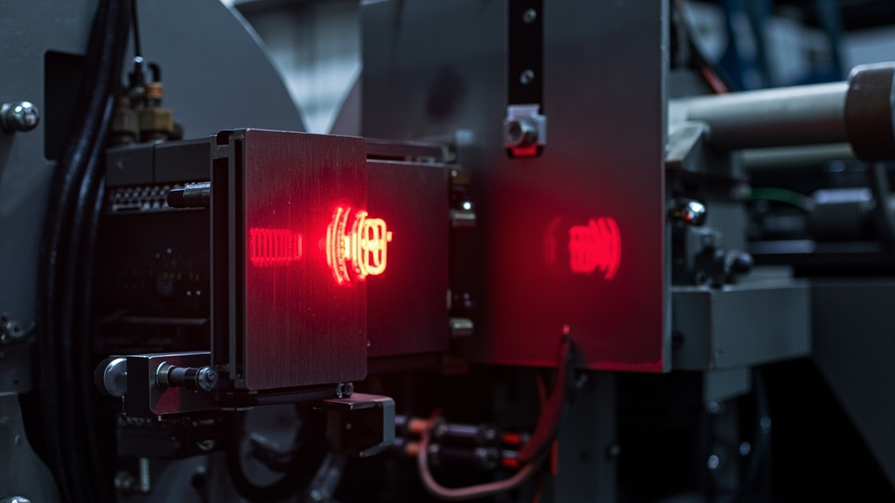 Industrial automation equipment with a red alert symbol