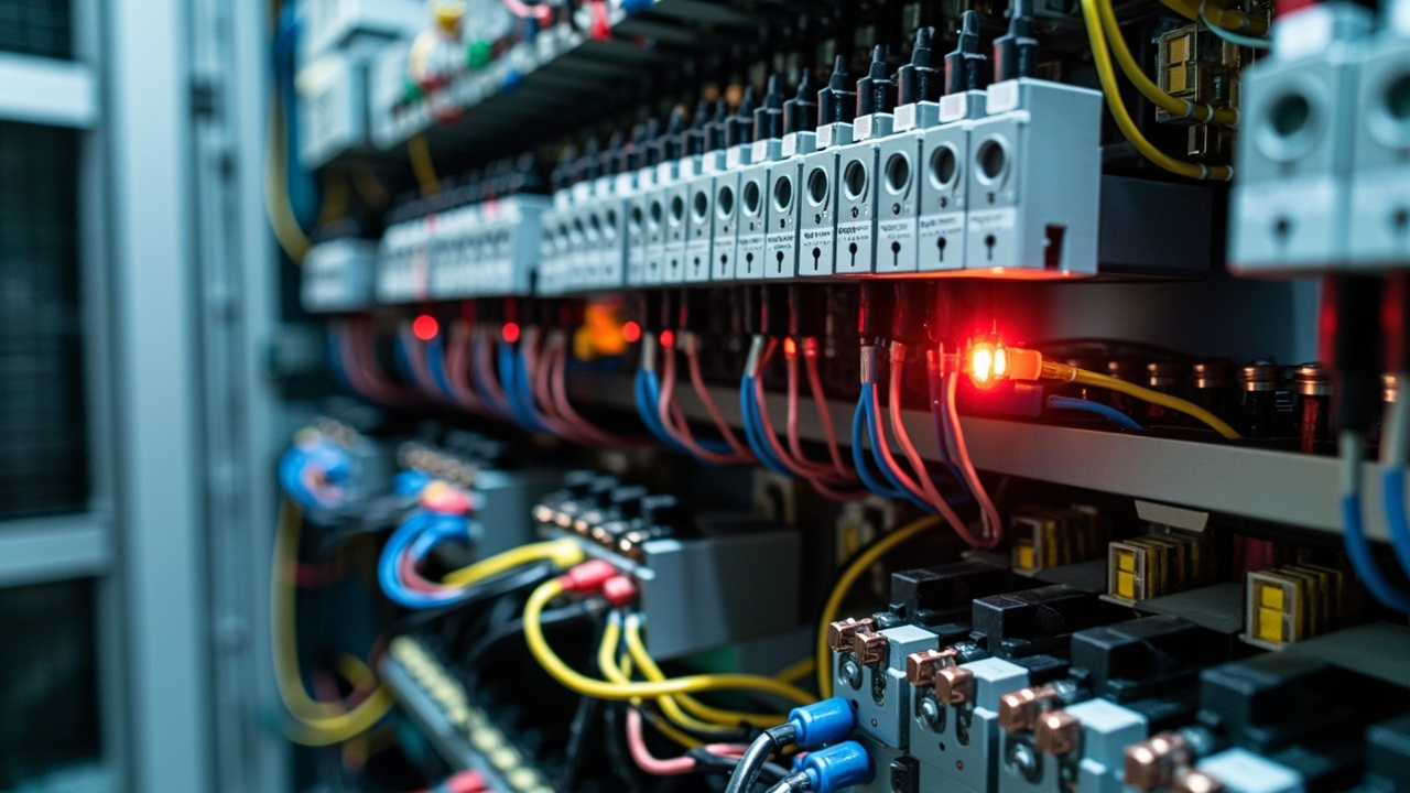 Industrial automation control panel with sensors, valves, and control components