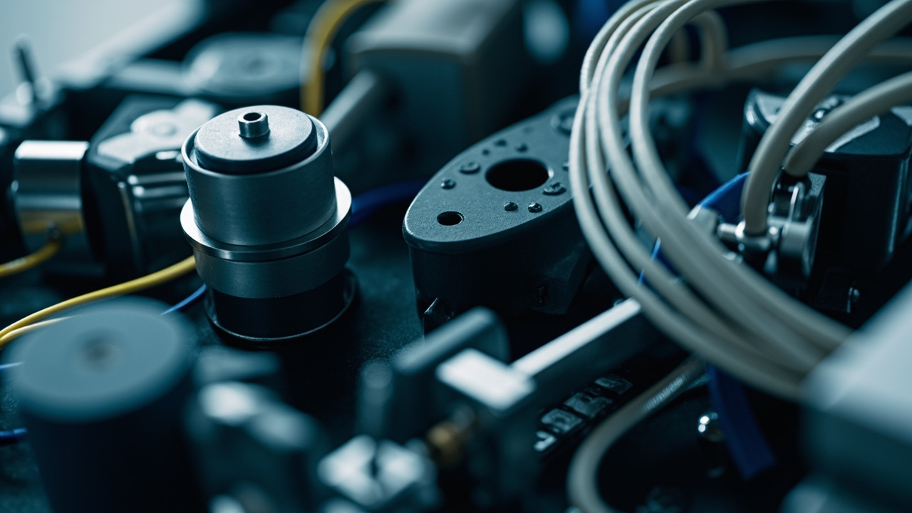 Assortment of industrial automation components, including sensors and control units, symbolizing precision and advanced manufacturing technology.