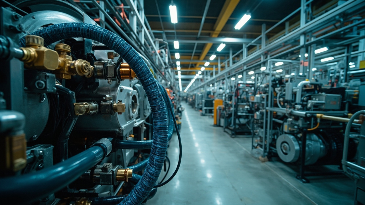 Factory floor with production equipment and components