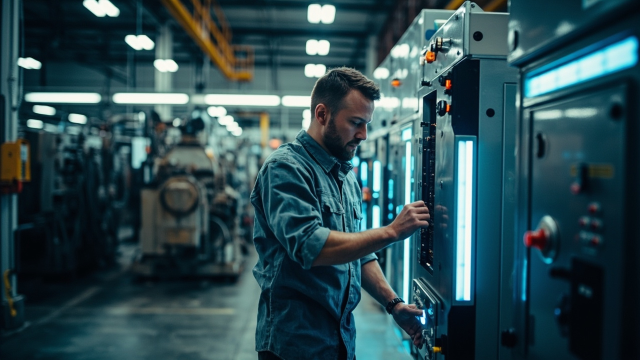 Technician inspecting a modernized industrial machine on a factory floor, showcasing the integration of new components with existing infrastructure.
