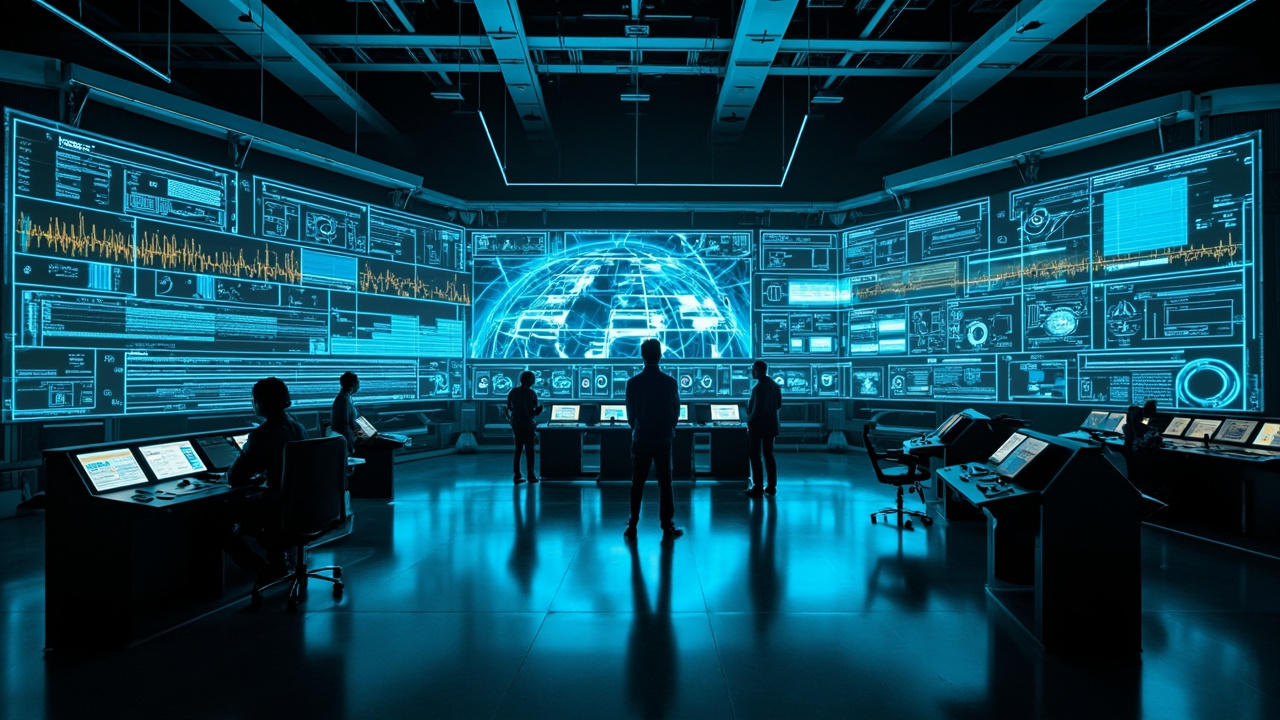 Engineers monitoring a modern industrial control system in a manufacturing plant, showcasing advanced automation infrastructure.
