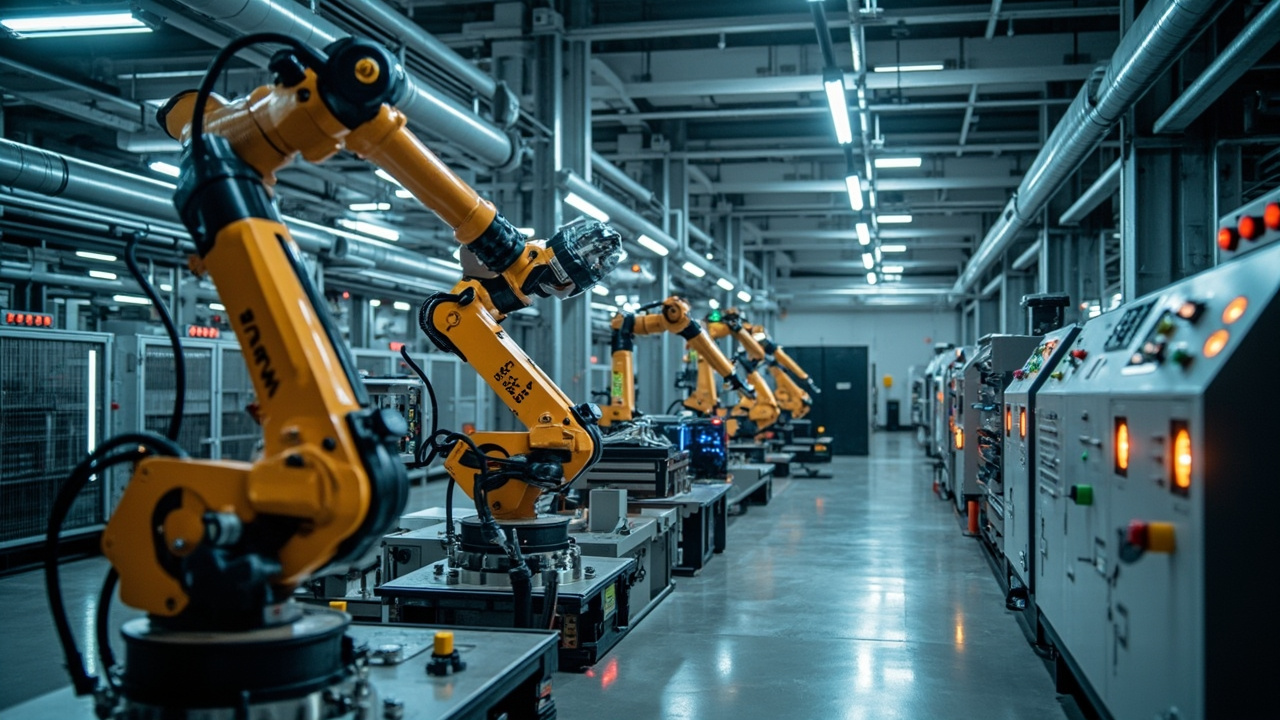 Advanced industrial automation equipment and components on a modern factory floor, showcasing precision machinery and control systems for a new production line.